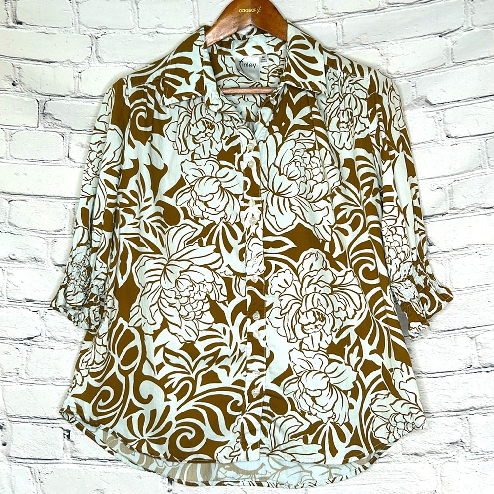 Finley Brown Blue Floral Mid Length Puffed Sleeve Button Down Blouse Size Medium